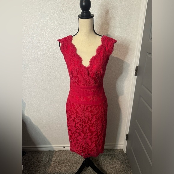 Tadashi Shoji (SALE) Red embroidered lace banded sheath dress in size 4 - Picture 3 of 9
